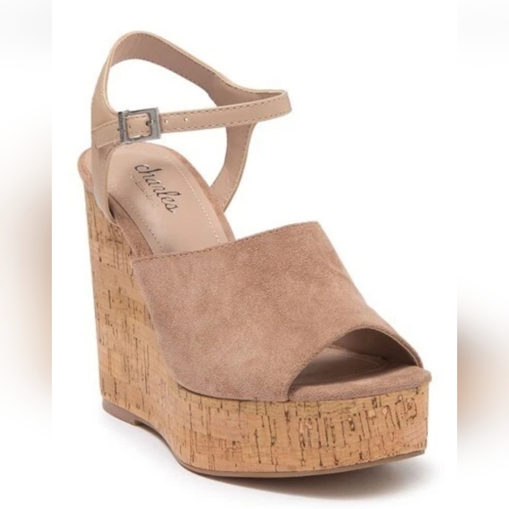 Charles David Dory Faux Tan Suede Tan Cork Wedge Sandals with Ankle Strap